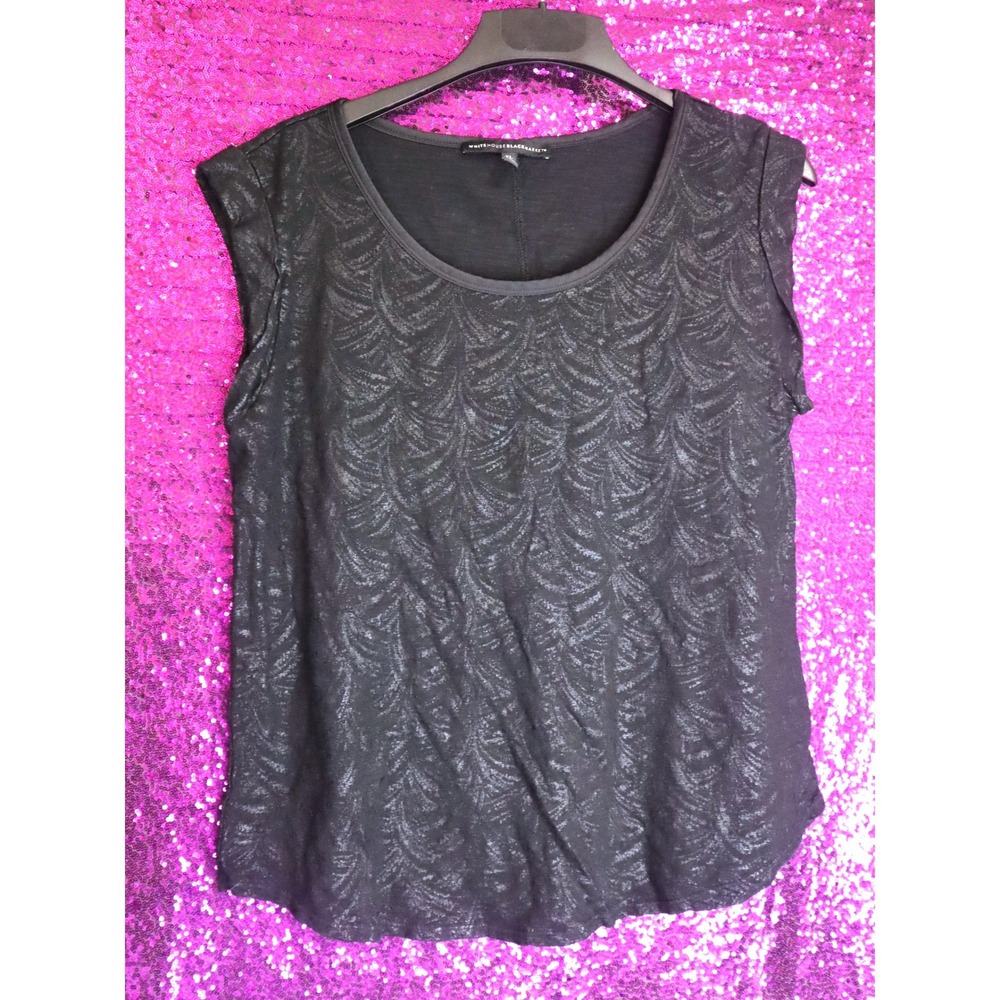 Black Foil Fan Print Top XL White House Black Market Women Cap Sleeve Metallic